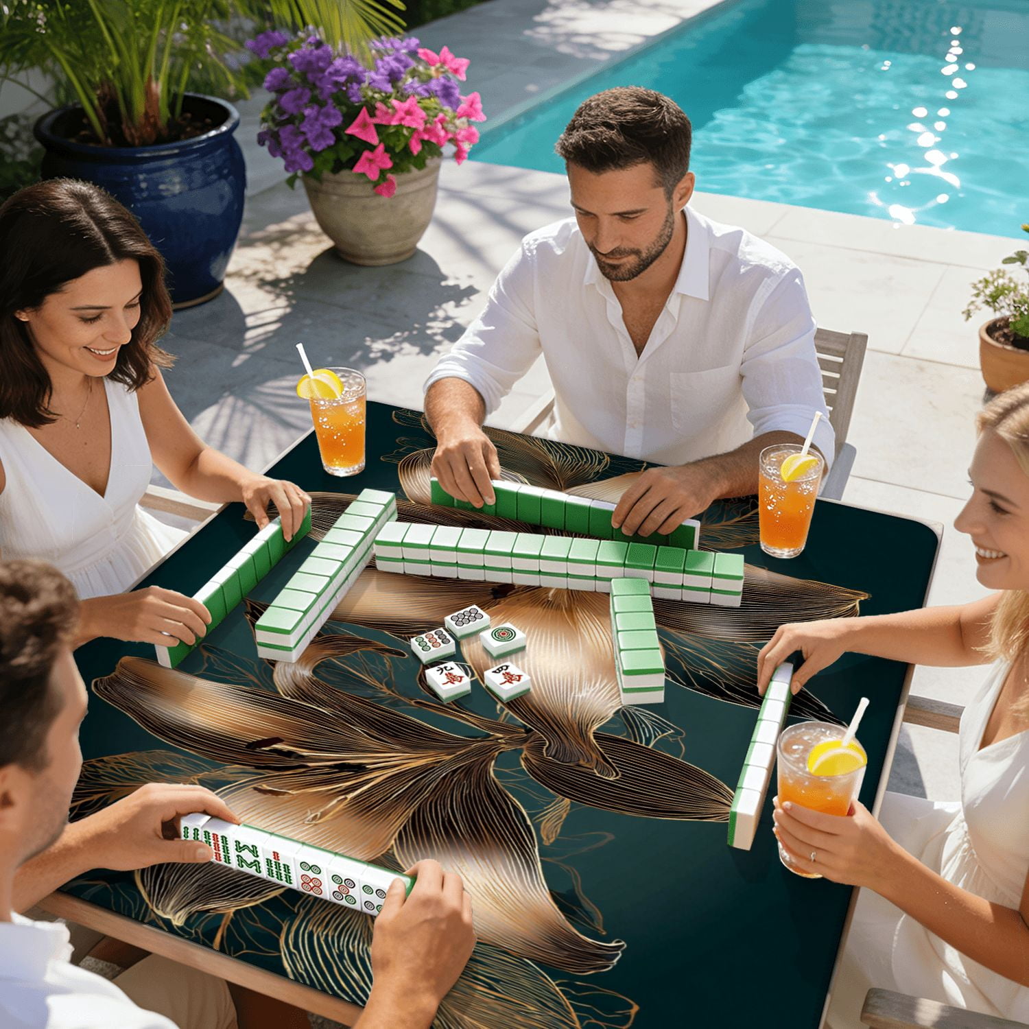 Mahjong Mat 31.5" x 31.5" Vintage luxury seamless floral golden lilies flowers Non-Slip Noise Reduction American Mahjong Tiles Table Cover for Dominoes Poker Card Board Games Gift