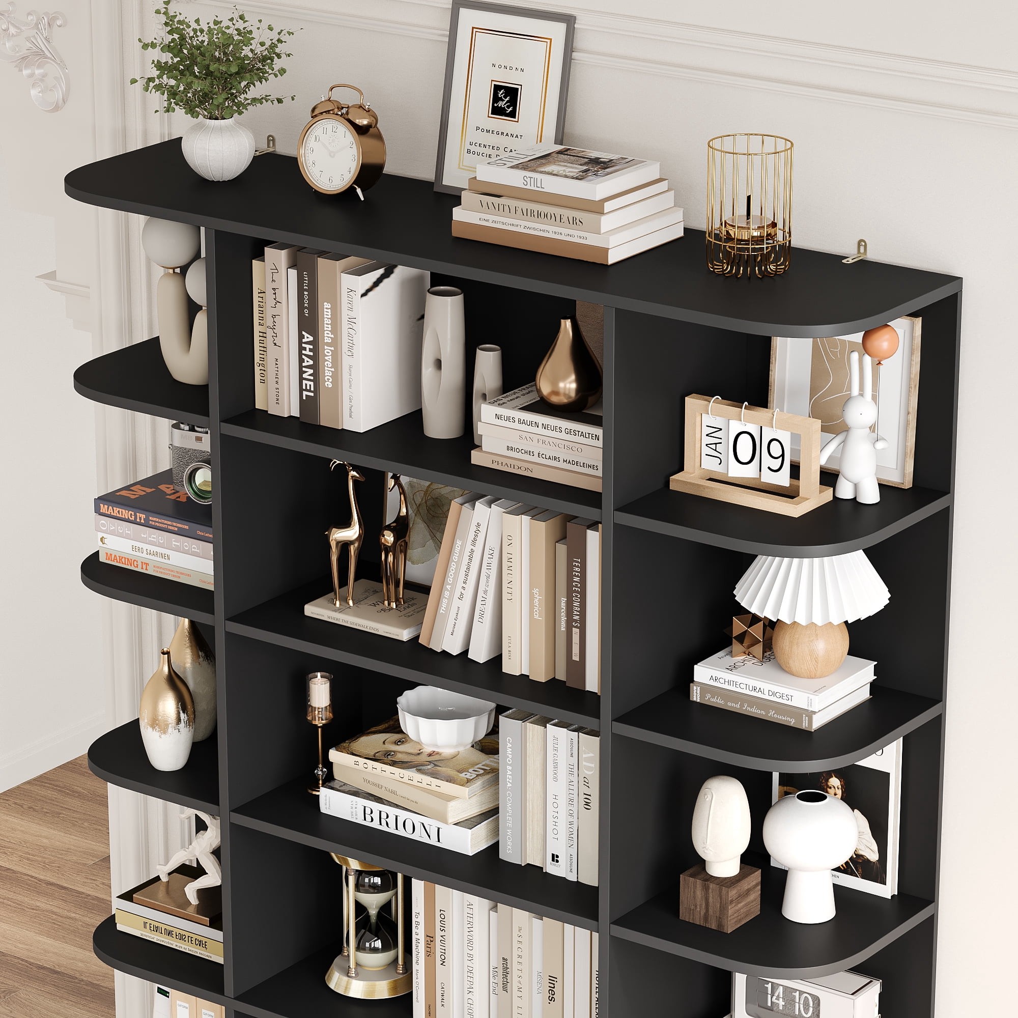 Homfa 7-Tier Triple Wide Bookcase, 84.6" Tall Bookshelf with Curved Display Shelves for Living Room Home Office Study, Black