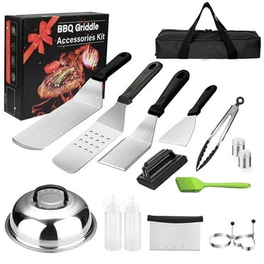 Griddle Accessories ,17PCS  Flat Top Grill Accessories Set For Blackstone and Camp Chef, with Spatula, Basting Cover, Scraper, Tongs, Bottle, Egg Rings & Carry Bag for Outdoor BBQ Teppanyaki