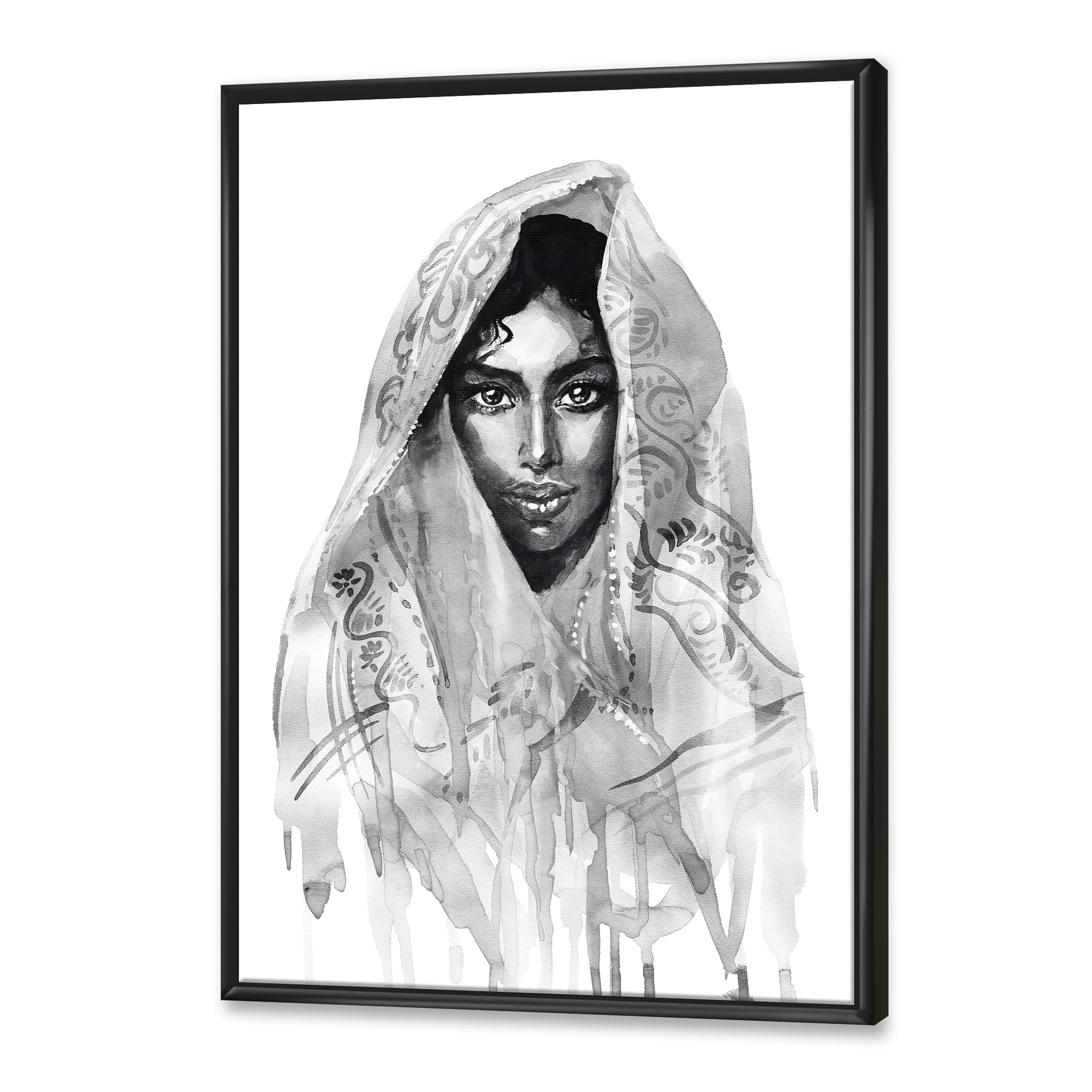 Designart 'Black and White Portrait of Young Indian Woman I' Modern Framed Canvas Wall Art Print