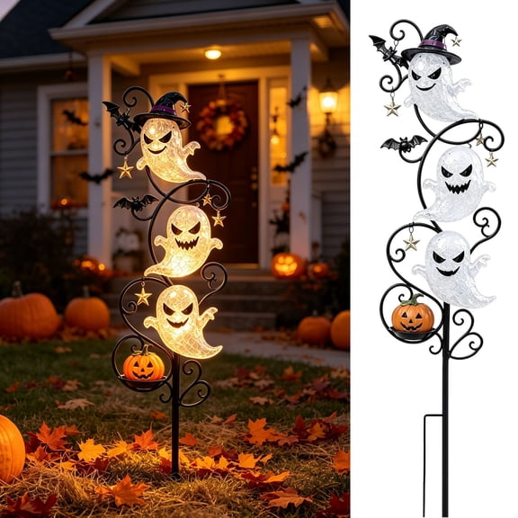Solar Halloween Garden Stake Light, Bats & Spooky Ghosts Waterproof Solar Lantern Stake with Hanging Pumpkin, Outdoor Halloween Yard Decor for Garden Patio Lawn Pathway