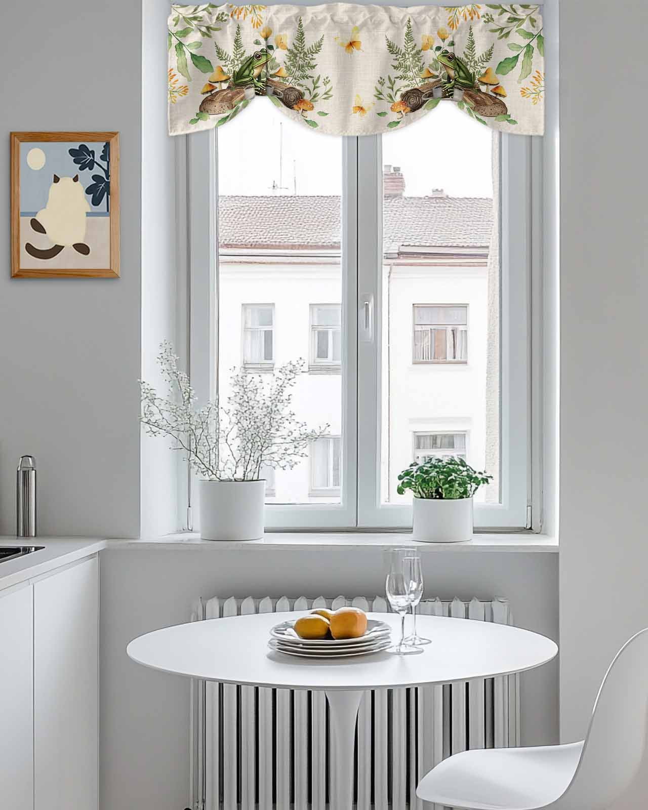 Green Frog Tie Up Valances Curtain, Adjustable Kitchen Coffee Mushroom Butterfly Vintage Linen Valances for Windows Decor, Rod Pocket Short Curtains Set for Bedroom/Bathroom, 54"x18"