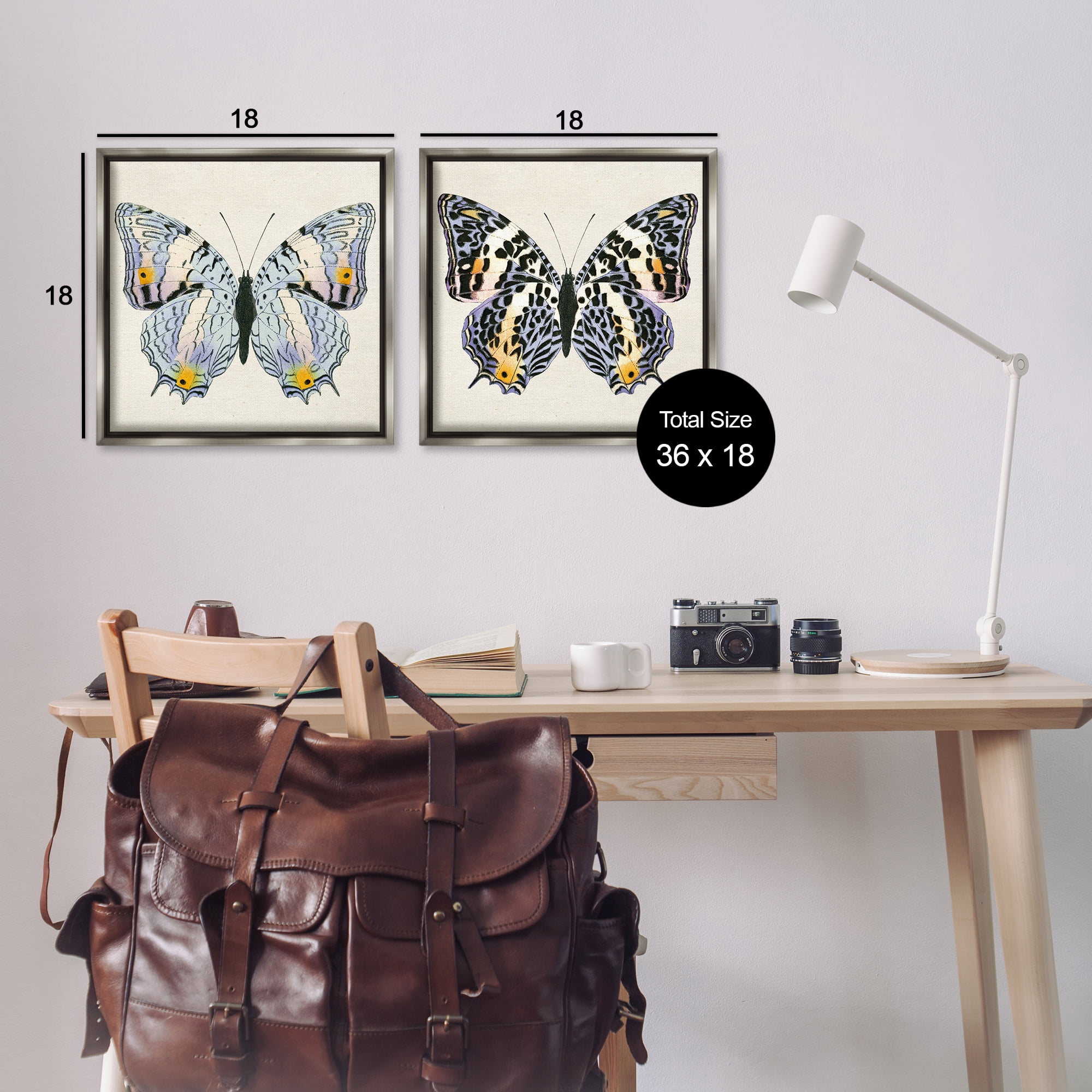 Stupell Industries Butterflies with Yellow Details Insects Painting Gray Floater Framed Canvas Art Print Wall Art, 18 x 18, Set of 2