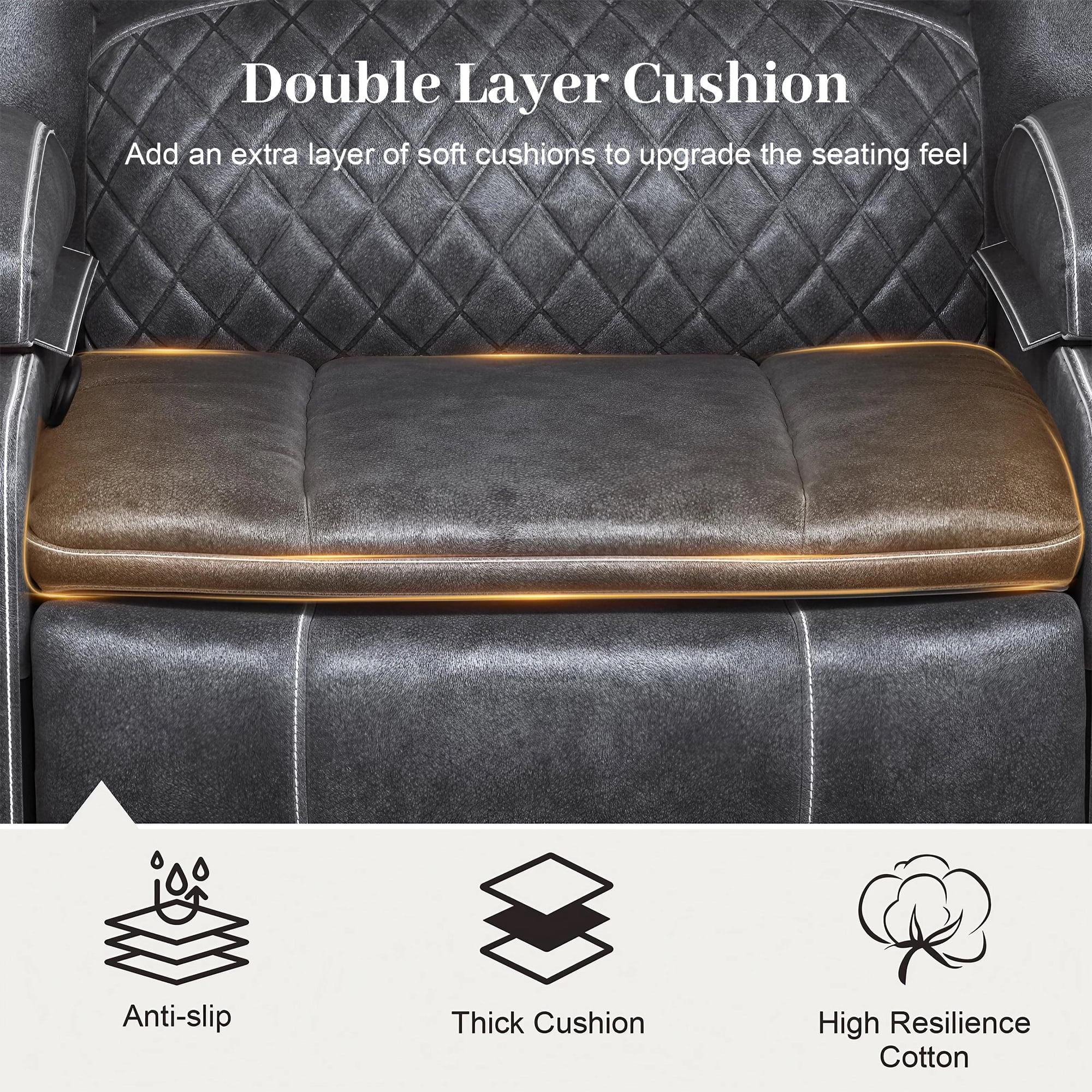 LOBERFVE Recliner for Adults, Oversize Manual Reclining Chairs with 2-Tier Cushions, Faux Leather Recliner Chairs with Hidden Storage Space, Living Room Recliner Chairs with Cup Holders, Gray