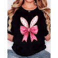 thumbnail image 1 of Camiseta negra para mujer con orejas de conejo rosa y lazo con estampado de patas - Estilo minimalista retro, cuello redondo, informal, manga corta, lavable a máquina, para todas las estaciones | Text, 1 of 7