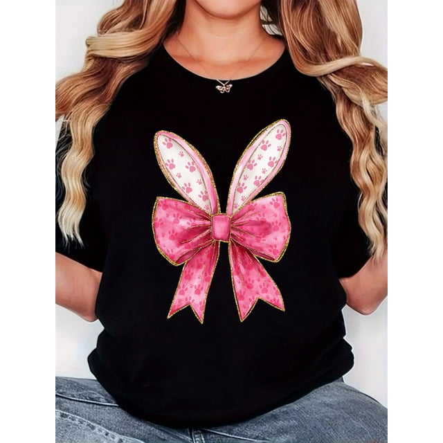 Camiseta negra para mujer con orejas de conejo rosa y lazo con estampado de patas - Estilo minimalista retro, cuello redondo, informal, manga corta, lavable a máquina, para todas las estaciones | Text