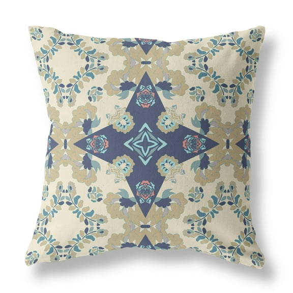 Rose Diamond Faux Suede Fabric Throw Pillow in Cream and Blue 18x18