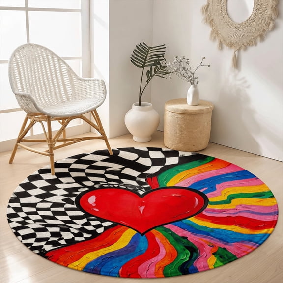 SPXUBZ Velvet Round Area Rug Trippy Rainbow Heart Checkered Vortex Circular Floor Mat Soft Non-Slip Psychedelic Pop Art Accent Carpet for Bedroom Throw Rug