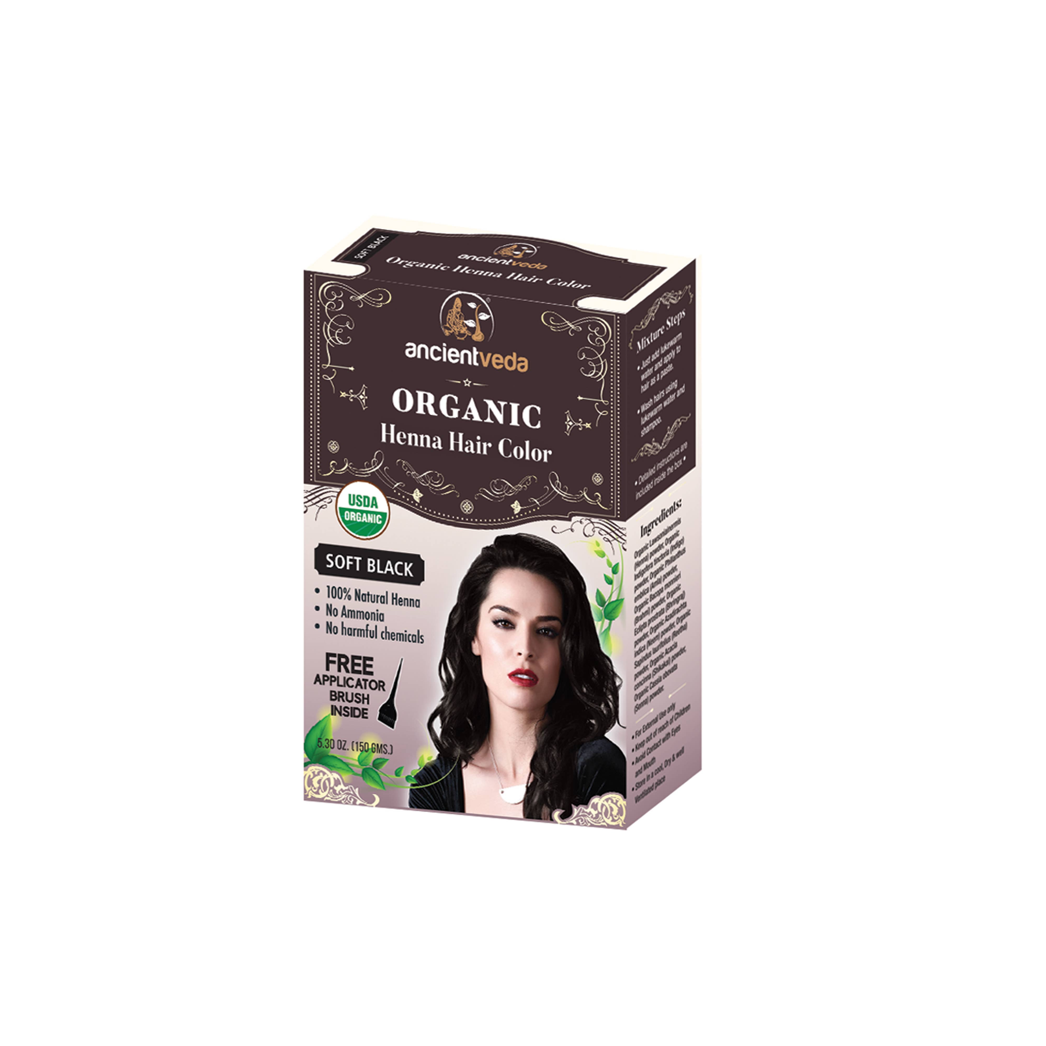 Ancient Veda 100% USDA Organic All Natural Soft Black Color Henna Hair Dye  