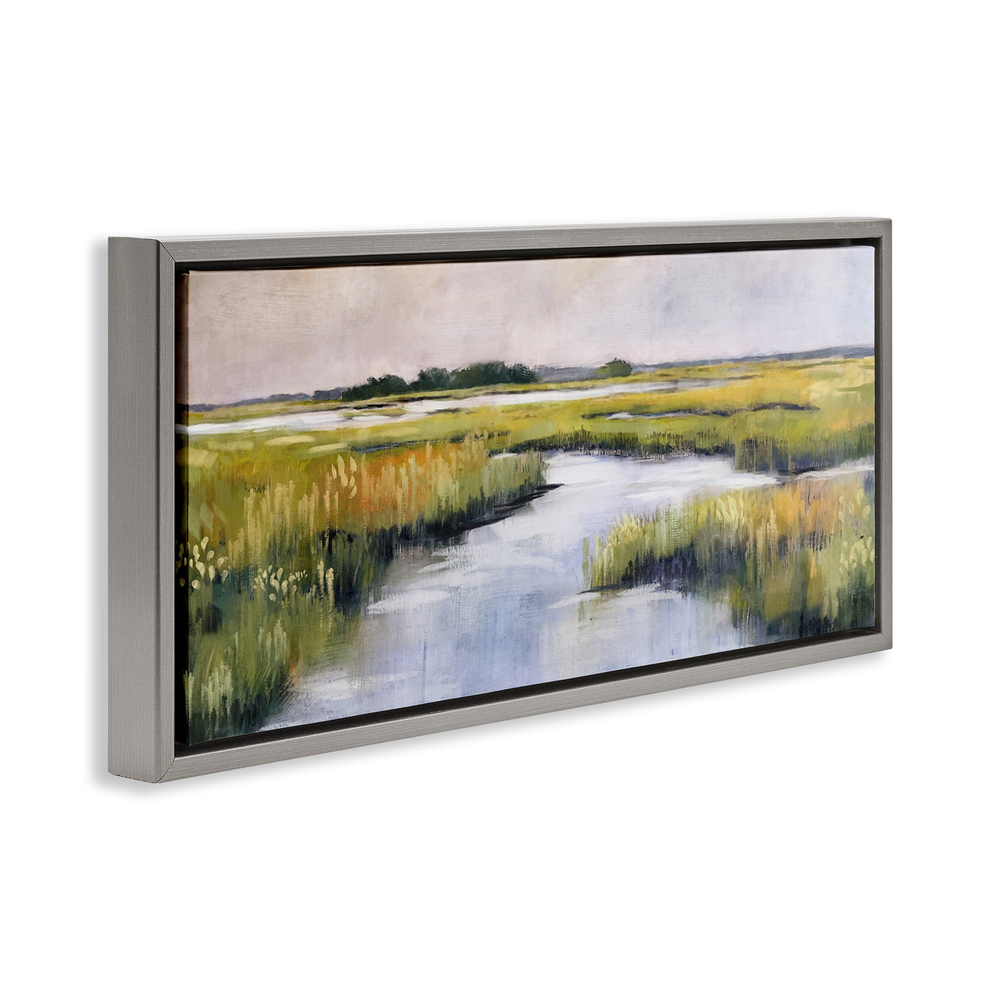 Stupell Industries Grassy Rural Marshlands Landscape & Nature Painting Gray Floater Framed Canvas Art Print Wall Art, 31 x 14
