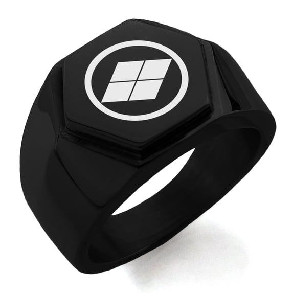 Stainless Steel Matsumae Samurai Crest Engraved Hexagon Crest Flat Top Biker Style Polished Ring