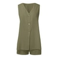 thumbnail image 4 of Women's Oversized Linen Set, Summer Breathable Casual V Neck Button Down Vest + Elastic Waist Shorts, 4 of 5