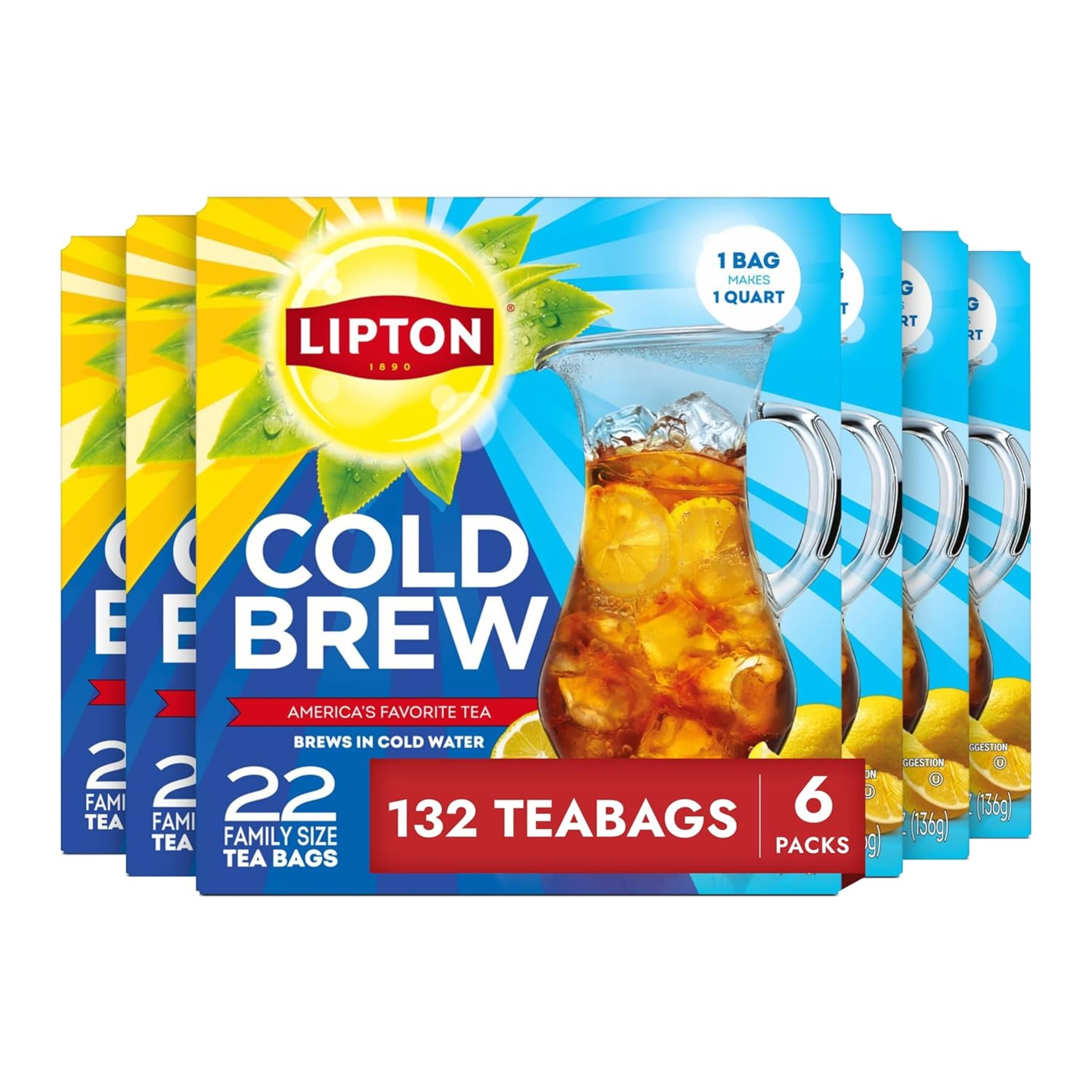 Lipton Cold Brew Iced Tea Bags, Family Size, 22 Count (Pack of 6)