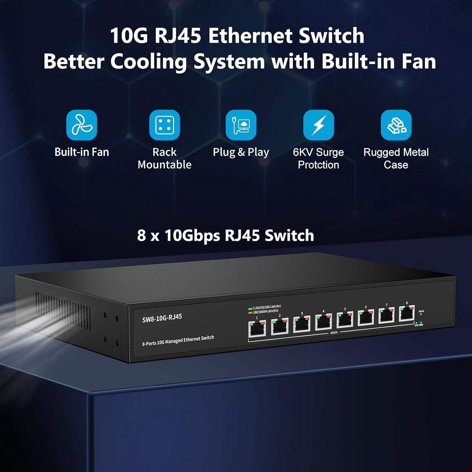 8 Port 10Gb RJ45 Web Managed Network Ethernet Switch 8 x 10G Base-T Port | Multi-Gig 10G-5G-2.5G-1G | Built-in Fan | 160G Bandwidth | 10Gbps for 10G NAS, PC, WiFi7 Router, 10G Adapter/NIC