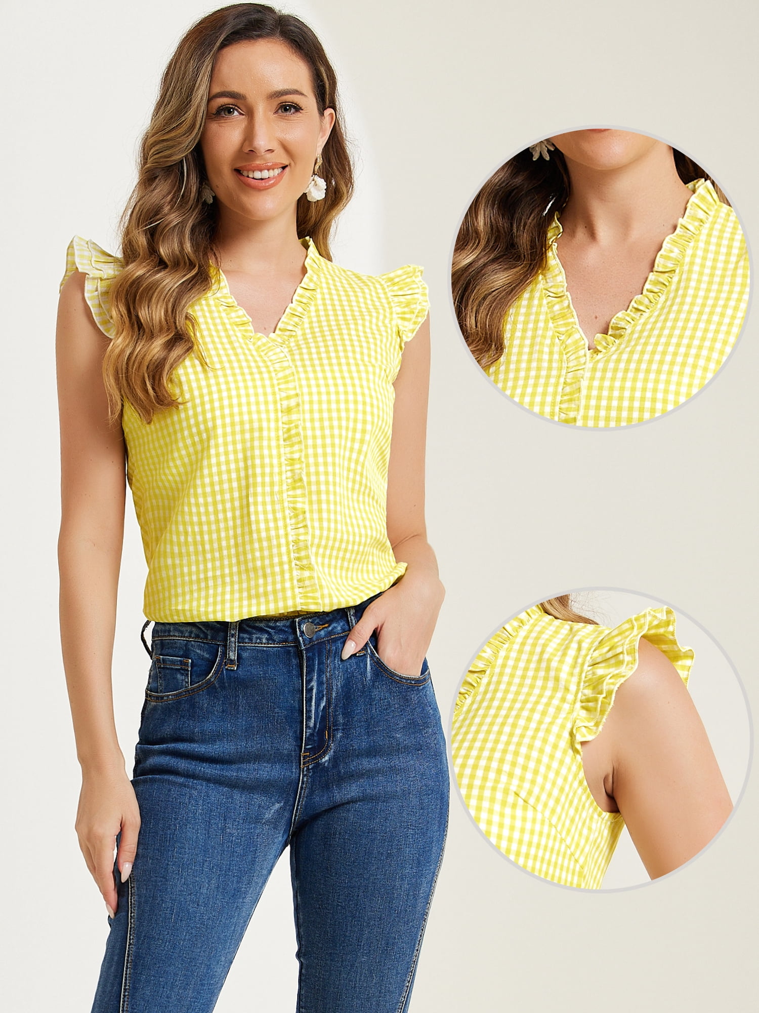 DARING DIVA Women's Cap Sleeve Plaid Gingham Ruffle Blouse XL Yellow