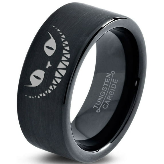Tungsten Alice in Wonderland Cheshire Cat Band Ring 9mm Men Women Comfort Fit Black Flat Cut Brushed Polished