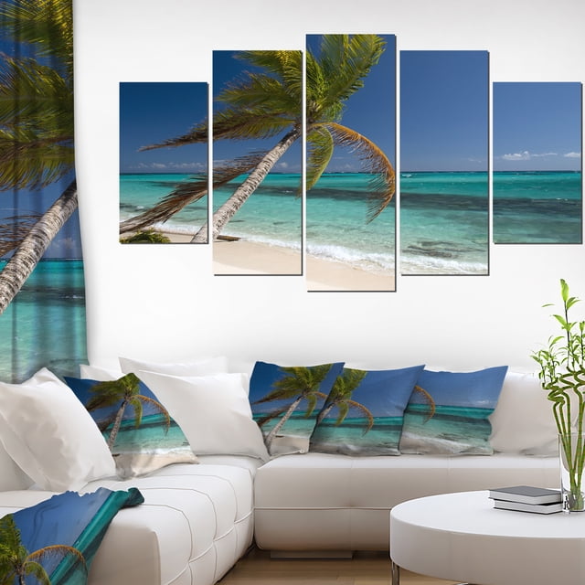 Palm Bent to Picturesque Seashore - Modern Seascape Canvas Artwork