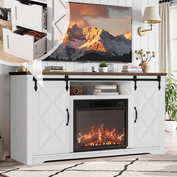 SESSLIFE Fireplace TV Stand for 65 Inch TV, 30'' Tall Farmhouse TV Stand with 2 Drawers & Sliding Barn Door, Entertainment Center with 3D Flame Electric Fireplace Heater, White Brown