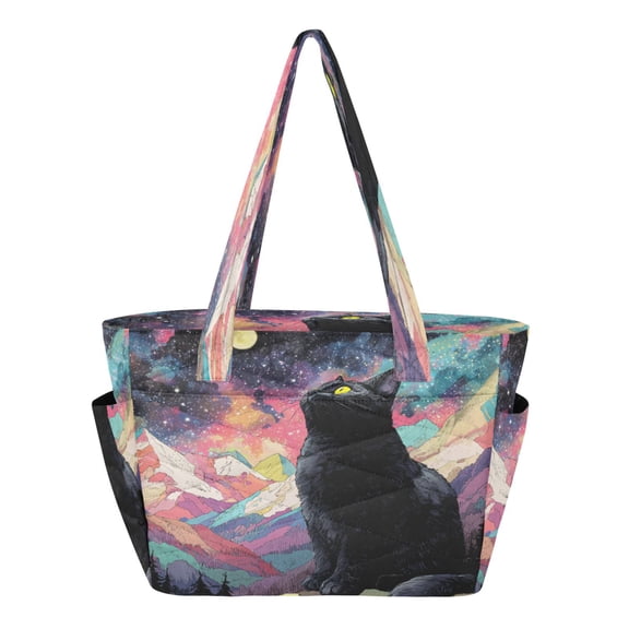 Quilted Tote Bag Large Capacity Multi-Compartment Handbag Lightweight Structured Shoulder Bag Versatile Casual Bag Lovely Black Cat