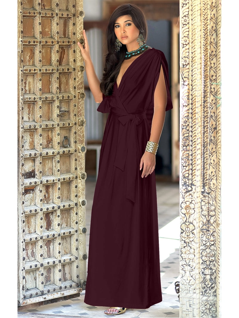 KOH KOH Long Bridesmaid Formal Short Sleeve V-Neck Full Floor Length Flowy Cocktail Summer Evening Wedding Guest Party Tall Maxi Dress Gown For Women Maroon Wine Red XX-Large US 18-20 NT026
