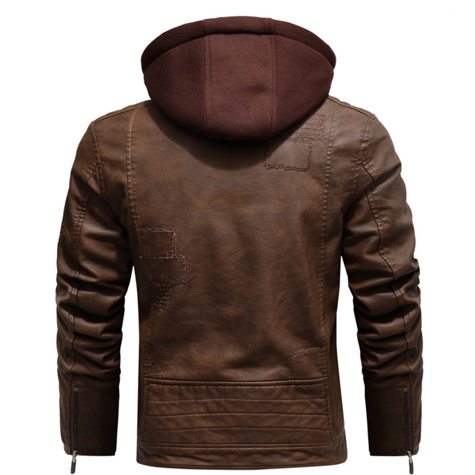 Xdegoge Thick Leather Jacket for Men Casual Keep Warm Jackets Full Zip Drawstring Hooded Coat with Pockets Classic Solid Color Coats Removeable Hood Outerwear Fall Winter Fashion Thermal Clothing