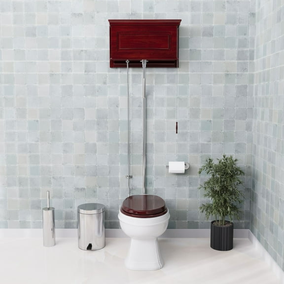 Renovators Supply High Tank Pull Chain Toilet w/Dark Oak Wooden Raised High Tank 70" to 74" Adjustable Height Satin L Pipe and Elongated Toilet Bowl