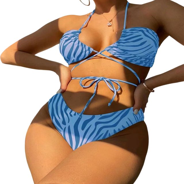 Ensembles de Bikini Été 3PCS pour Femmes Sans Manches Accrocheur au Cou + String Imprimé Léopard + Jupe