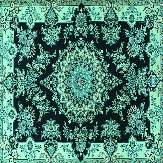 Ahgly Company Indoor Square Medallion Turquoise Blue Traditional Area Rugs, 4' Square