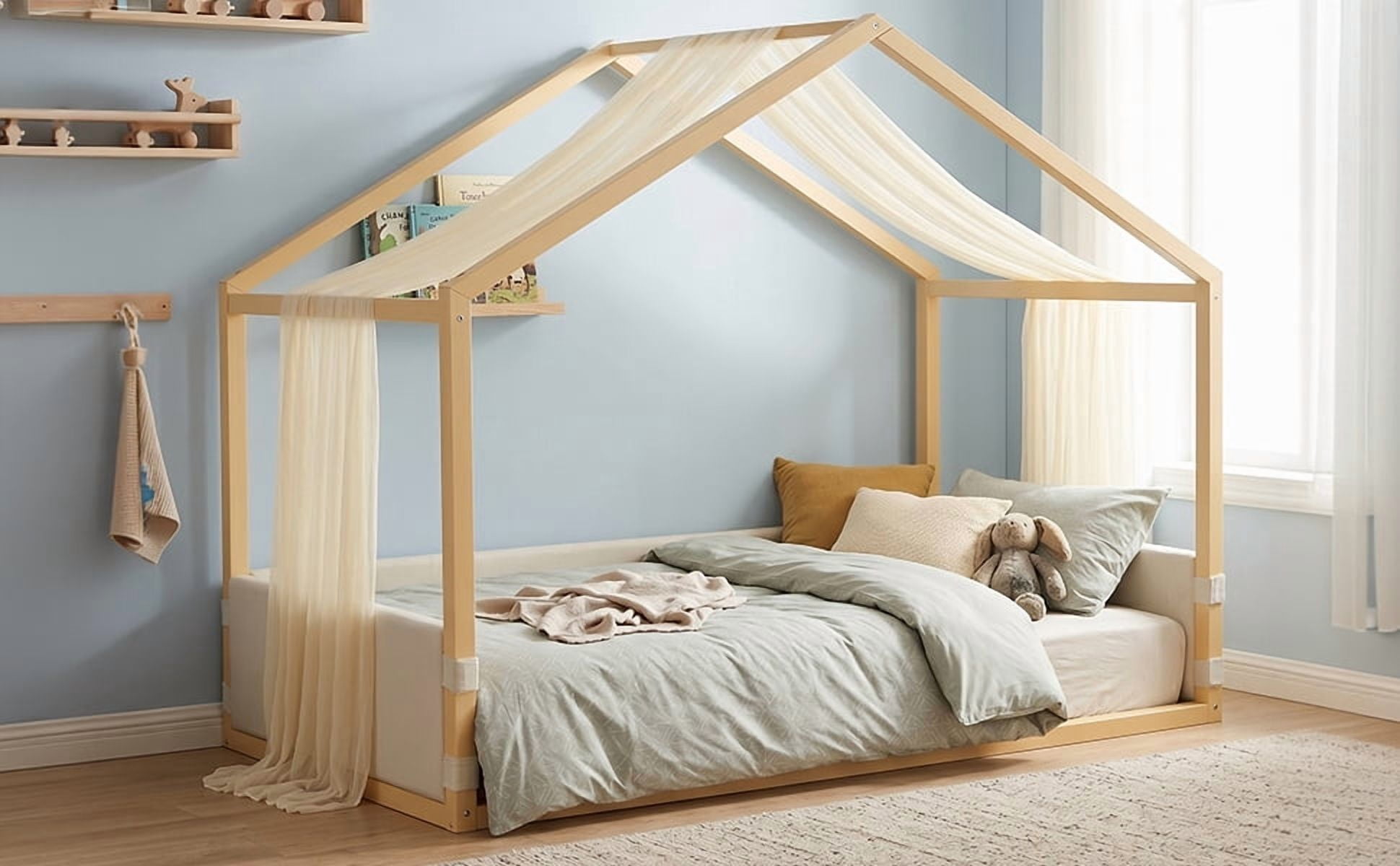 Mintazer Twin Size Montessori House Floor Bed with Breathable Gauze Canopy & Velvet Upholstered Side Guard Panels, Low Platform Kids Playhouse Bed Frame for Bedroom Guest Room, Natural