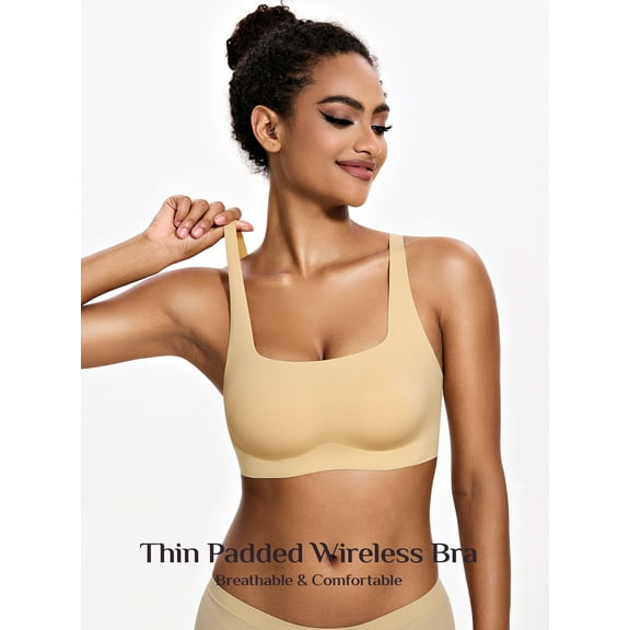 Deyllo Women's Wireless Bras Plus Size Full Coverage Padded Smooth Seamless T-shirt Sleep Everyday Bra Cami Crop Top, Drak Nude 2XL