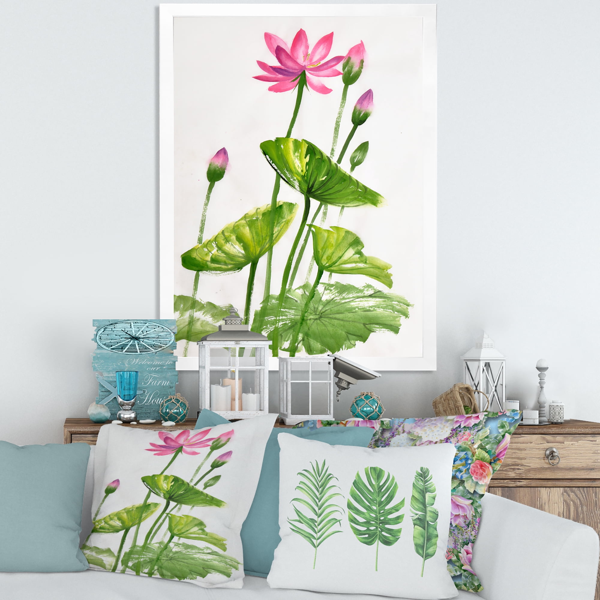 Designart 'Pink Vintage Lotuses In The Pond VII' Traditional Framed Art Print