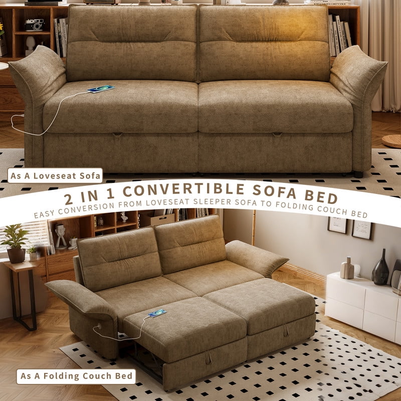 85" Convertible Sofa Bed, 2-in-1 Sleeper Sofa with Plush Fabric, Full-Size Pull-Out Couch with USB Charging Ports, Solid Wood Frame, High-Resilience Foam for Living Room & Small Space