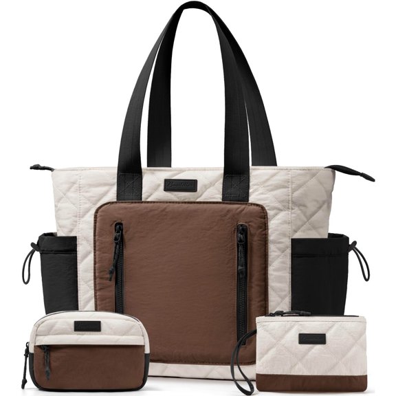 Tote Bag for Women, Lightweight Quilted Handbags with Compartments, Puffer Tote Bag for Work Travel Nurse School Daily Travel Gym (Cream & Brown)