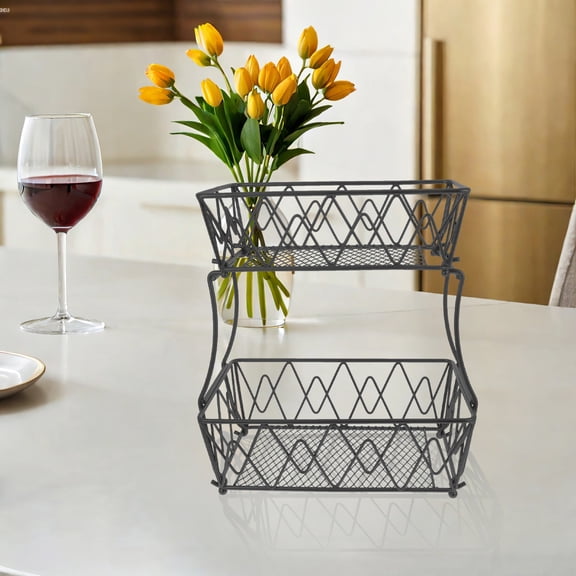 LOLIPPYY 1Pc Double Layer Iron Vegetable Basket Kitchen Storage Organizer Holder for Fruits and Vegetables