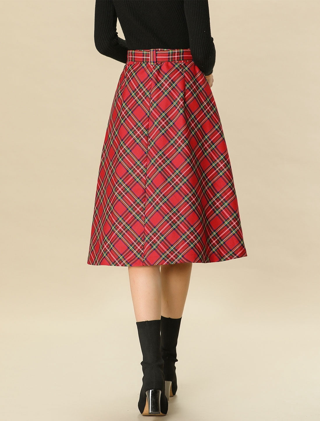 DARING DIVA Women's Plaid Belted Vintage A-Line Midi Skirt 3XL Red