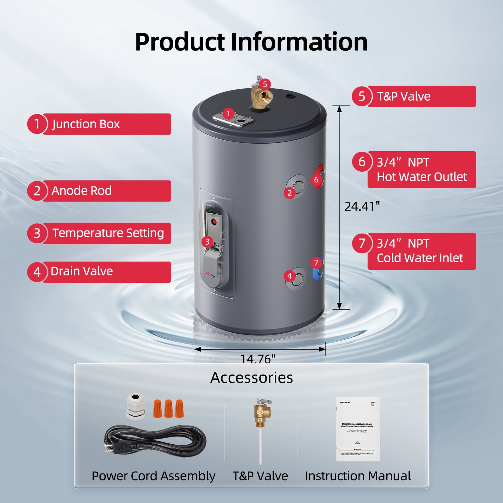 MIZUDO Tank Water Heater Electric, 10 gallon of Use Hot Water Heater with T&P Valve, 120V 1500W UL Listed
