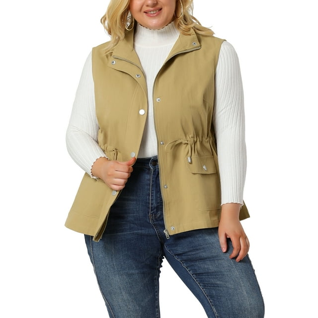 GRACE & GRANDEUR Veste Sans Manches à Taille Coulissante pour Femme Grande Taille avec Poches Cargo