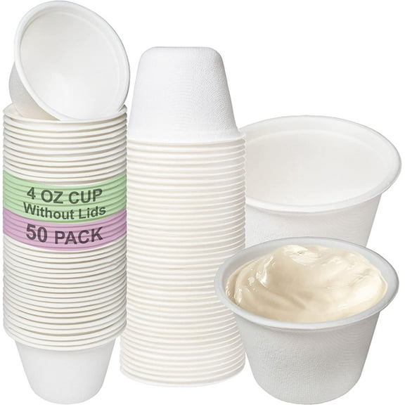 EcoQuality 4 Oz Compostable Portion Cups - Sugarcane Bagasse Condiment Souffle Cups - Biodegradable Sauce Cups - Perfect for Disposable Sample Cups (50)