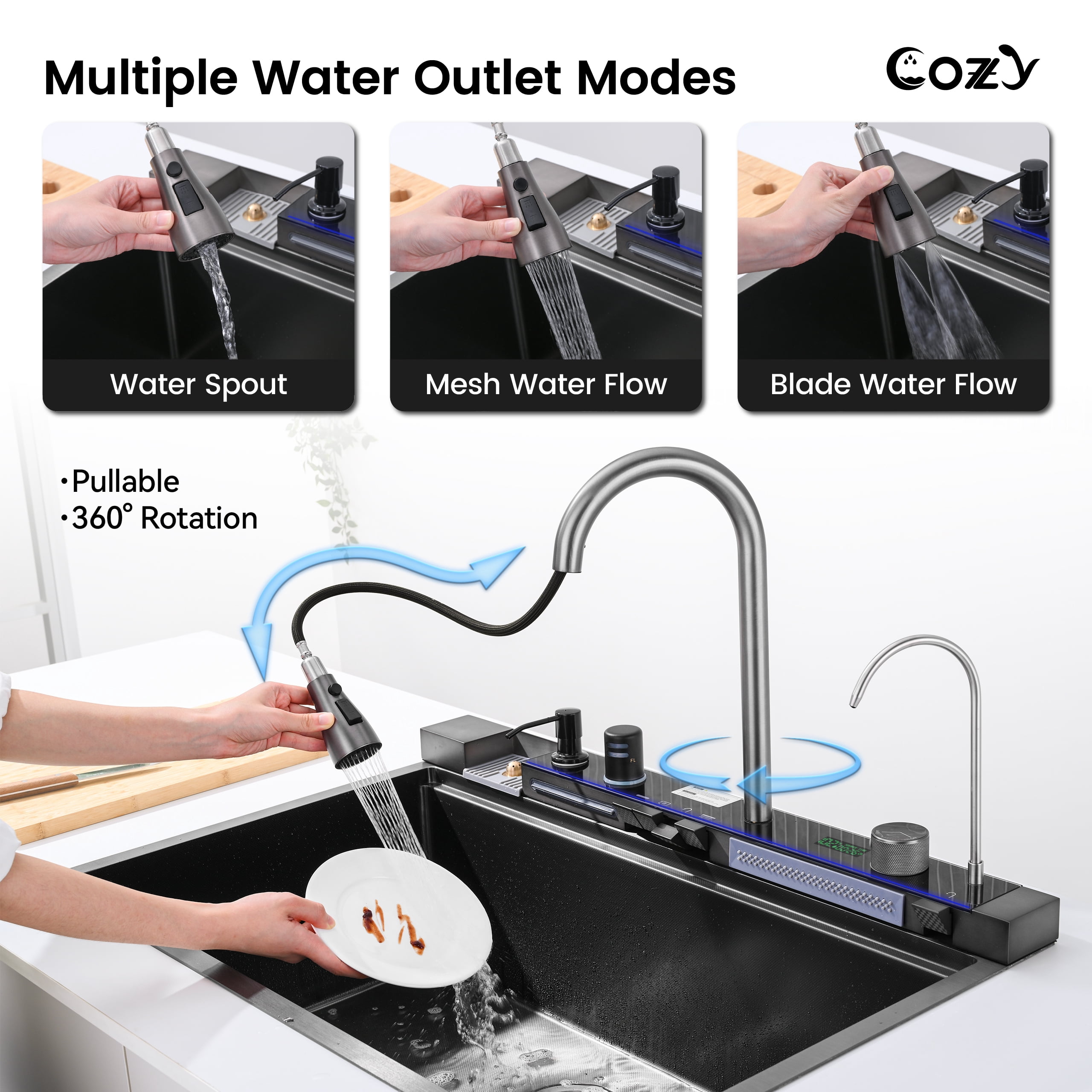 COZY Kitchen Sink Whale Digital Waterfall Sink, Flying rain Waterfall Kitchen Sink with Pull Down Sprayhead Faucet and Pressurized Cup Washer, 33"×22″ Stainless Steel Single Bowl Sink, SS-BL10-332212
