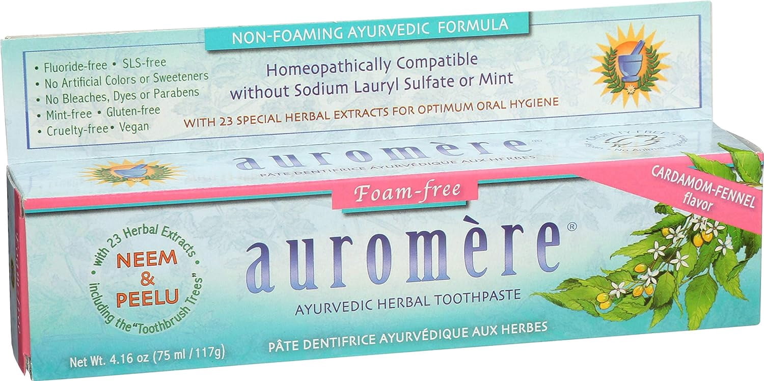 Auromere Ayurvedic Herbal Toothpaste Non Foaming Cardamom-Fennel - 4.16 oz Pack of 3