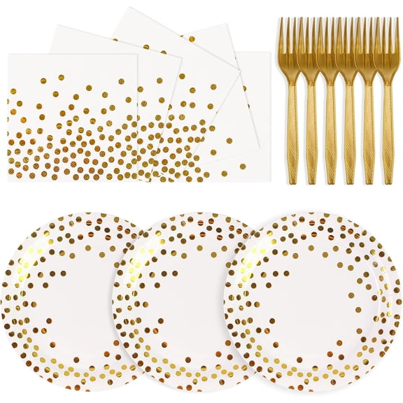 75PCS Paper Plates and Napkins Set - White and Gold Dot Disposable Party Dinnerware Includes Paper Plates, Napkins, Forks Decorations for 2026 New Year, Birthday, Wedding and Holiday, Serves 25