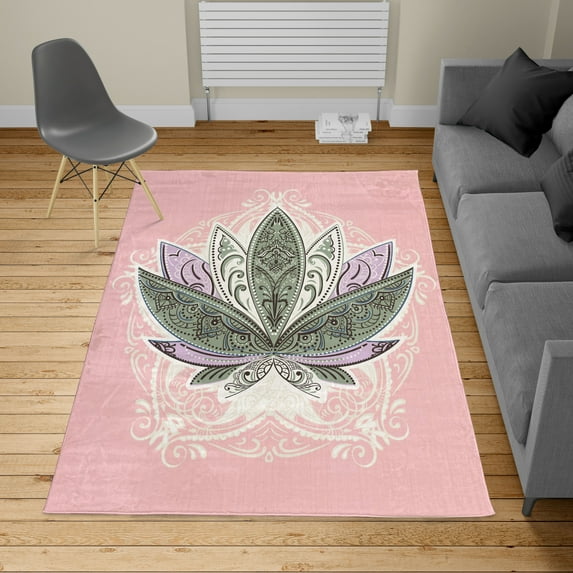 Lotus Turkish Area Rug, Flower Bloom Ornaments Exotic Petals Oriental Traditional Boho Design, Soft Carpet for Living Room Decor with Distressed Look, 6.6' X 9.6', Blush Lavender, by Ambesonne