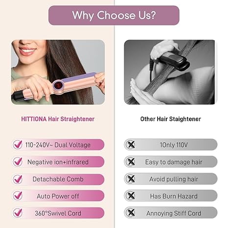 Ionic Flat Iron Hair Straightener - 1.3 Inch Ceramic Plate with Infrared for Anti-Frizz, Detachable Comb for Smooth Hair, LCD Temperature Control, Dual Voltage Travel Flat Iron for All Hair Types