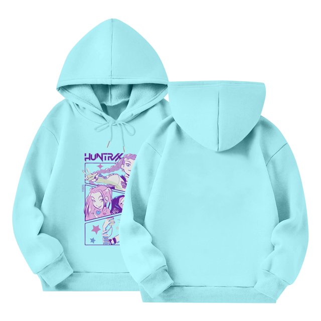 Moonsky Sudadera con capucha y cordón HUNTRX, estampado de grupo de chicas coreanas, jersey corto, suave y cómodo, top de manga larga para primavera y otoño. Azul claro 160