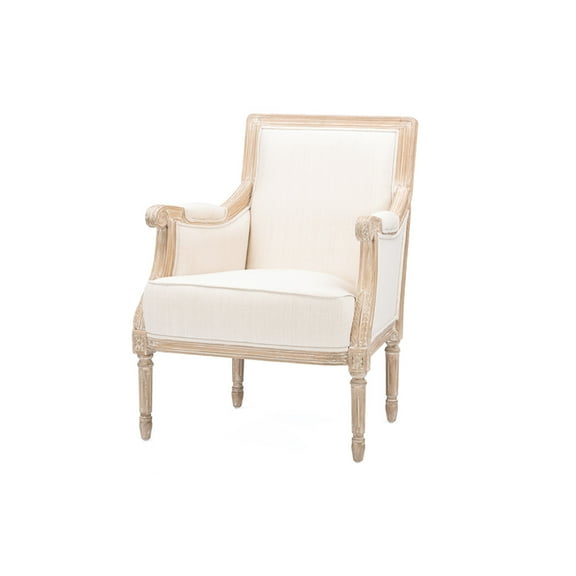 French Accent Chair Traditional Wood Frame Linen Upholstery Distressed Finish Home Decor