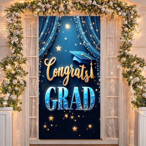 Blue & Gold Graduation Banner Star Decorated Grad Backdrop Graduation Cap Tassel Accent Academic Background for Graduation Party College Graduation Academic Ceremony