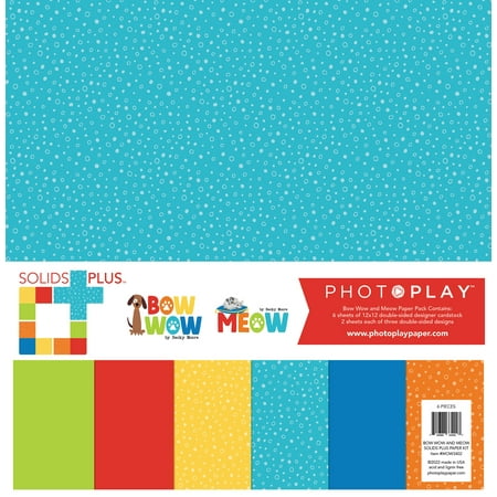 UPC: 0709388334027 | PhotoPlay Double-Sided Solids + Paper Pack 12 X12  6/Pkg-Bow Wow & Meow