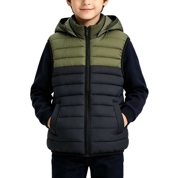 SERTGUTR Boys' Padded Vest, Hooded Zip Up Warm Quilted Coat, Color Block Sleeveless Puffer Outerwear with Pockets, Everyday Fall Winter Layer