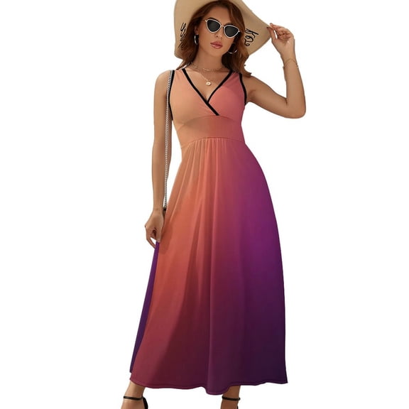 Abstract Purple Orange Gradient Womens Night Club Maxi Dress V Neck Sleeveless Bohemia Long Dresses
