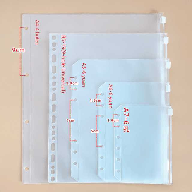 A5A6A7B5A4 Este libro tiene 6 agujeros, hojas sueltas, bolsa con cremallera, libro de cuentas de mano, bolsa de almacenamiento de PVC, cadena con clip, bolsa para bolígrafos